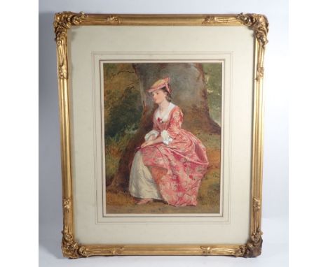 A fine Victorian watercolour portrait of a young woman in woodland, monogrammed G K, 34 x 26cm