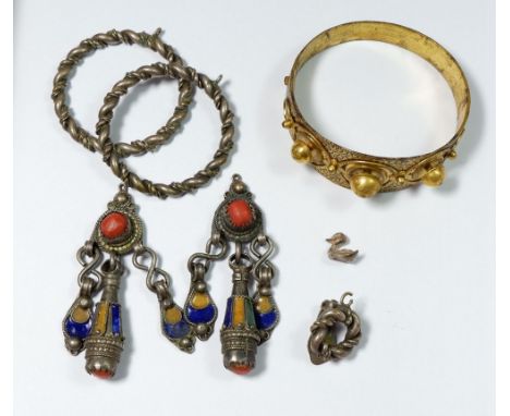 A pair of Eastern white metal and enamel earrings, pair of hoop earrings and gilt metal bracelet 