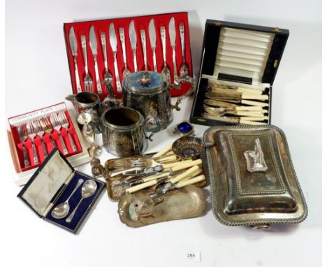 Various silver plated items including entrée dish and Victorian tea set plus boxed Community plate, fork and knife set etc. 