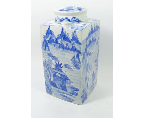 A large Chinese blue and white tea caddy painted landscapes, 37cm