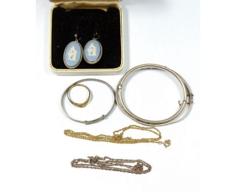 Three silver christening bracelets, 19g, two silver chains, silver gilt ring and Wedgwood and silver earrings, boxed 