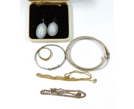 Three silver christening bracelets, 19g, two silver chains, silver gilt ring and Wedgwood and silver earrings, boxed 