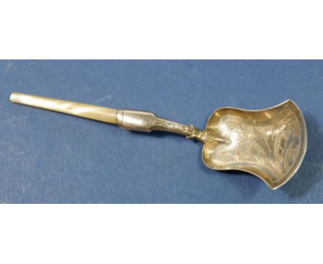 A Georgian silver caddy spoon with mother of pearl handle, Birmingham 1828 by Joseph Taylor