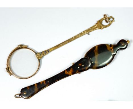 A tortoiseshell lorgnette and a gilt metal and enamel lorgnette 
