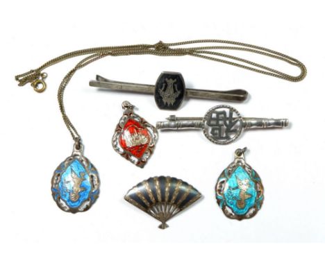 Three Siam silver and enamel pendants, tie pin, brooch and a Hong Kong silver brooch 