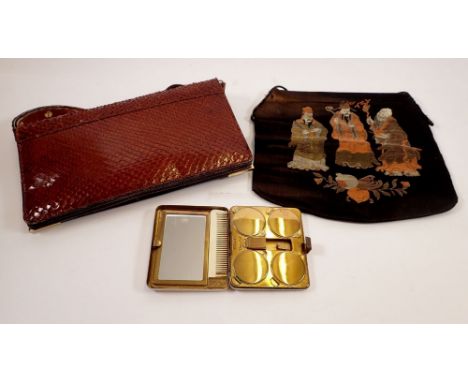 A vintage snakeskin handbag, an oriental silk bag and 5th Avenue make-up compact 