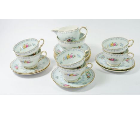A Shelley Crochet vintage floral tea service comprising: six cups and saucers, sugar and milk and six side plates 