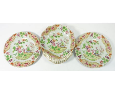 A 19th century Spode New Stone China pair of Chinoiserie plates, 21cm diameter and a shell form dessert dish