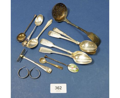 A group of various silver spoons, including three enamel examples, sifter ladle, earrings etc, total weight 170g