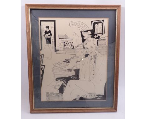 Robin Eaton - pen and ink sketch of a man seated in interior, glass a/f 26 x 21cm 
