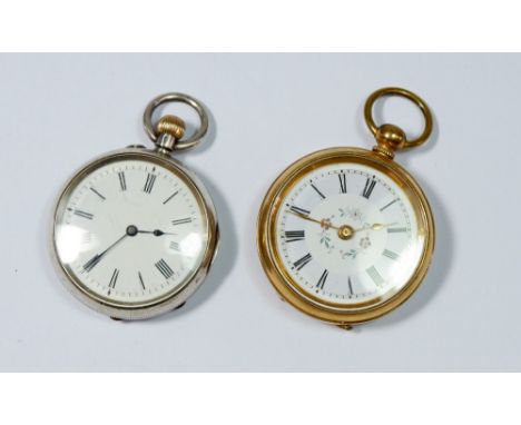 A Continental 935 silver pocket watch with keyless lever movement and a gold plated fob watch with floral enamel dial 