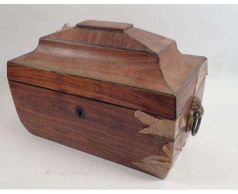 A 19th century rosewood sarcophagus form tea caddy with ebony stringing and escutcheon, two caddies - in need of restoration