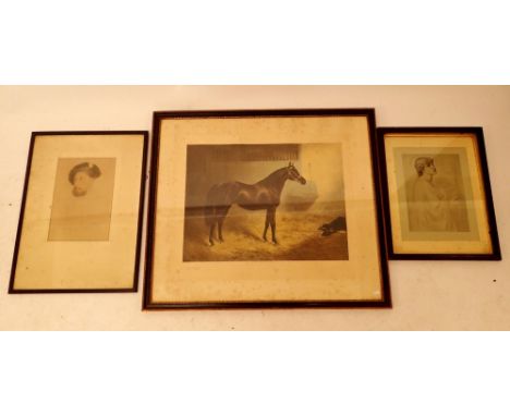 A C Havell - limited edition print of a horse in a stable, signed in pencil, 37 x 51cm and two portrait prints after Rossetti