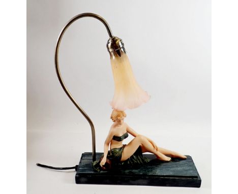 A reproduction Art Deco style table lamp with seated lady on marble base 