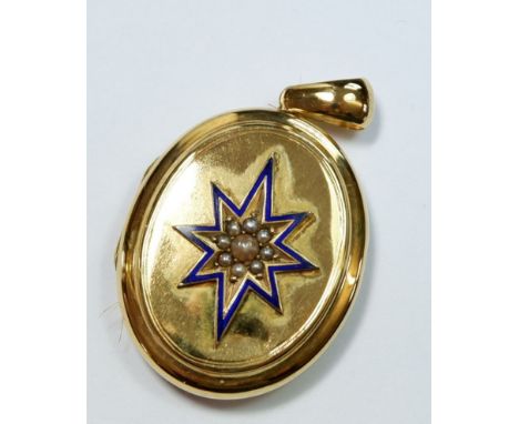 A Victorian gold oval locket inset enamel star and seed pearls, 14.3g, locket 3.5cm x 3cm unmarked but tested as 15 carat