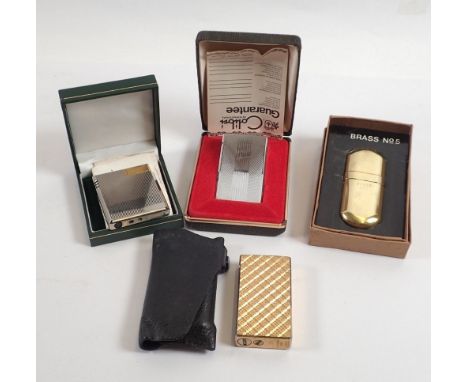 Three Colibri lighters plus one Bross No 5 lighter, three boxed, one in leather case 