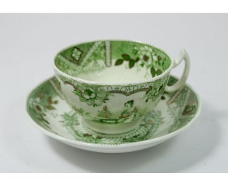 A set of nine Victorian cups and saucers, green printed classical woman in a landscape 