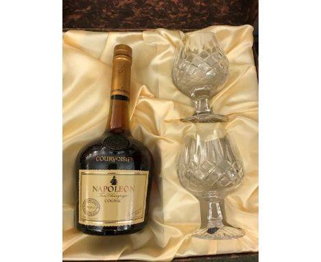 Courvoisier XO cognac with two Stuart cut glass brandy balloons, boxed; another similar set with one glass only; Napoleon Fin