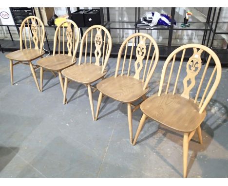 Ercol set of five Prince of Wales light elm dining chairs 