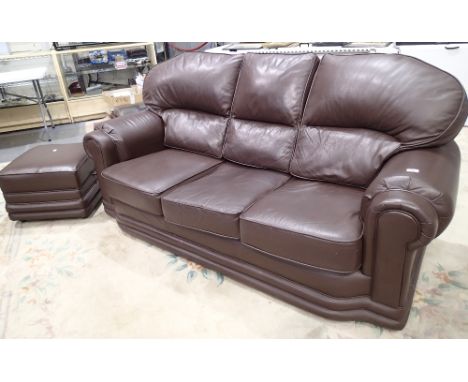 Modern brown leather three seater sofa and stool 