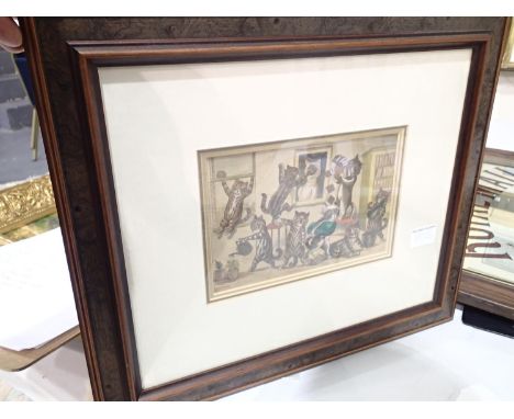 Framed Louis Wain print of cats in the library 22 x 14 cm 