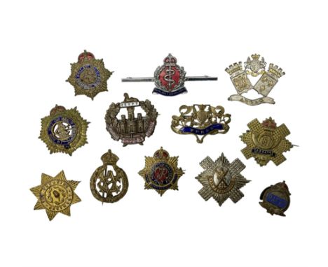 Twelve sweetheart brooches - Army Veterinary Corps, Highland Light Infantry, Royal Scots, RAFVR, RAMC, Essex Regiment, three 