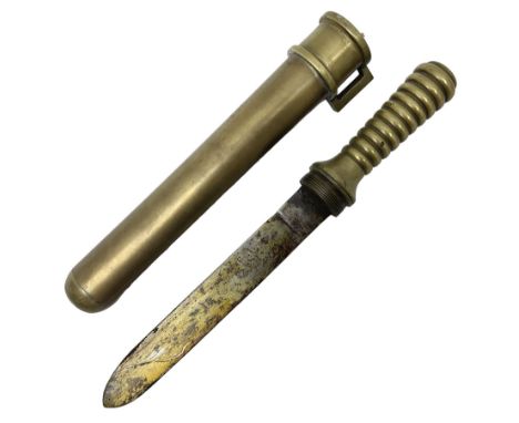 French Naval divers brass handled knife, the 20.5cm single edged steel blade held in place with wooden wedges, tapering ribbe