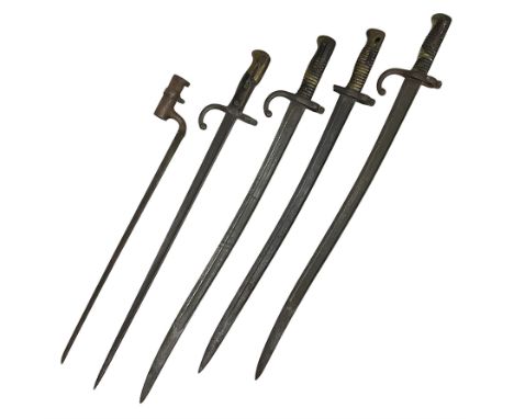 Five 19th century bayonets in relic condition without scabbards comprising British Pattern 1876 socket bayonet with Indian ma