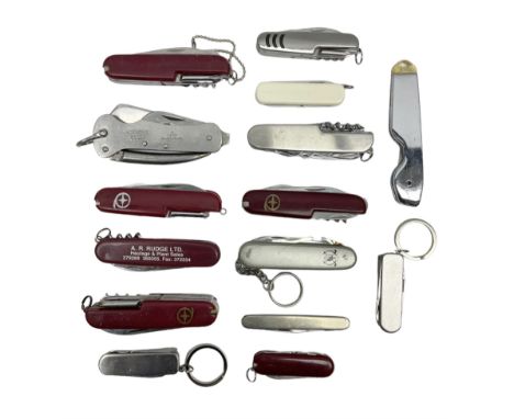 Fifteen folding/pocket knives including Swiss Army type knives with various number of blades, British army jack knife by J.H.