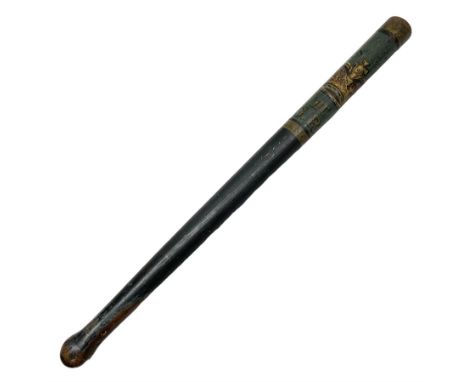 George III black painted turned oak truncheon of plain tapering form the head decorated in polychrome and gilt with a crown G
