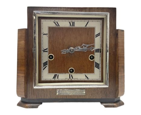 WW2 Home Guard - presentation Enfield oak and walnut cased eight-day chiming mantel clock; bears hallmarked silver plaque 'Pr