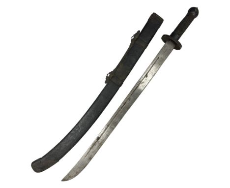 Chinese Boxer Rebellion Period Sword, 69.5cm heavy curved single edge blade with single narrow fuller, plain iron dished circ