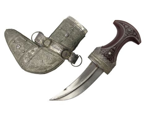 Omani Khanjar dagger, the 12.5cm curved blade with pronounced medial rib to either side, waisted horn style hilt with dome sh