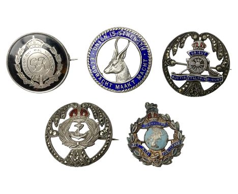 Five silver sweetheart brooches - Royal Artillery with marcasite, Naval with marcasite, George VI Royal Engineers with tortoi