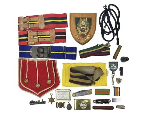 Miscellaneous militaria including two Royal Artillery and one Royal Horse Artillery stable belts; Northamptonshire Regiment t