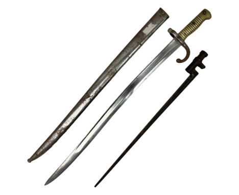 French model 1866 sabre bayonet, the 57.5cm curving blade marked St. Etienne 1873; in associated steel scabbard L71cm; and Mo