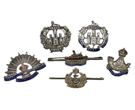 Six silver sweetheart brooches - Australian Commonwealth Military Forces, Gloucestershire Regiment, two Essex Regiment, Durha