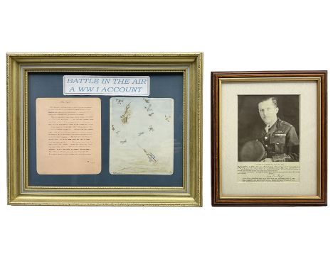 Early 20th century watercolour drawing of a WW1 Dog Fight over Suzanne Aerodrome, framed with a manuscript account of the enc