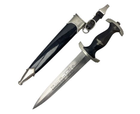 WW2 German "SS" 1st pattern dagger, the 21cm double edged blade inscribed 'Meine Ehre Heist Treue' and bearing maker's tree m