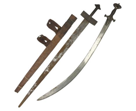 Tuareg Takoba sword with 78.5cm triple fullered blade incised with two crescent moons to either side, metal hilt with stylise