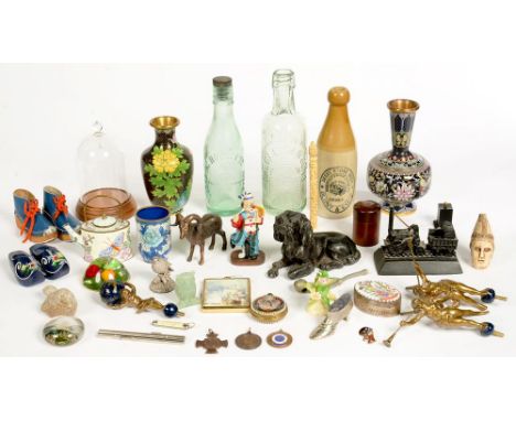 FOUR CHINESE CLOISONNÈ ENAMEL VASES, A CANTON PAINTED ENAMEL MINIATURE KETTLE, A DALGLEISH AND SONS NOTTINGHAM BEER BOTTLE, E