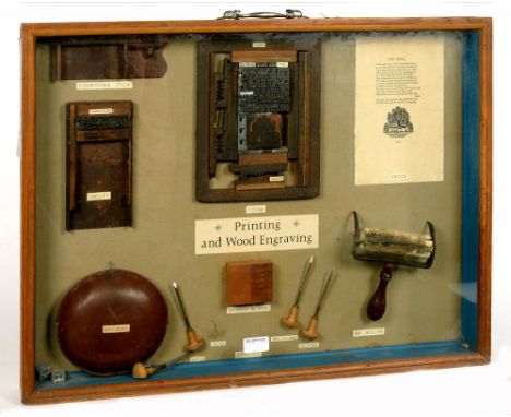 PRINTING AND WOOD ENGRAVING. A DISPLAY CASE OF OBJECTS AND TOOLS INVOLVED IN THE PROCESS, INCLUDING COMPOSING STICK, GALLEY, 