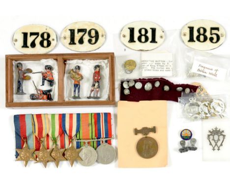 A GROUP OF SIX WORLD WAR TWO MEDALS, MOUNTED COURT STYLE AND MISCELLANEOUS BYGONES, TO INCLUDE A SILVER LUCKENBOOTH BROOCH, F