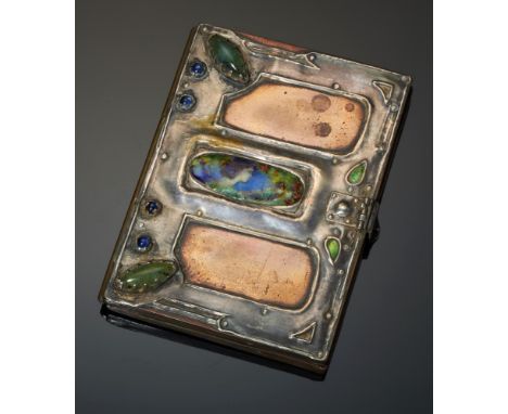 AN ENGLISH ARTS &amp; CRAFTS JEWELLED SILVER, COPPER AND TRANSLUCENT ENAMEL NEEDLECASE, C1905, 5.5cm l, unmarked++Much encrus