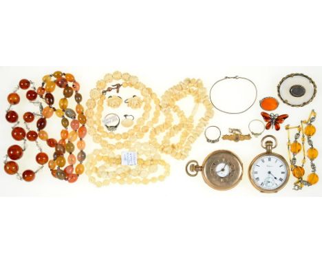 MISCELLANEOUS JEWELLERY AND TWO KEYLESS LEVER WATCHES, TO INCLUDE A VICTORIAN AGATE MOURNING BROOCH IN PINCHBECK, CENTRE INSE