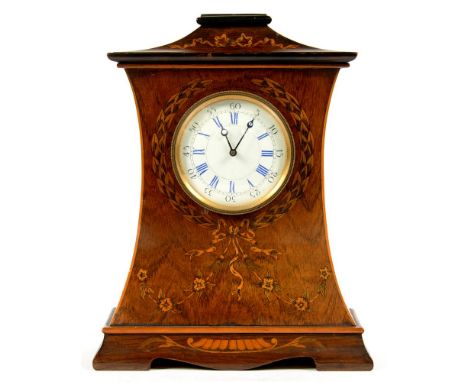 AN EDWARDIAN INLAID AND PENWORK DECORATED MAHOGANY MANTEL TIMEPIECE, THE FRENCH MOVEMENT WITH ENAMEL DIAL, 27CM H, C1905