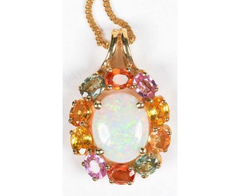 AN OPAL AND MULTICOLOURED SAPPHIRE PENDANT, IN 14CT GOLD, ON 18CT GOLD CURB CHAIN, PENDANT 2.2 CM LONG INCLUDING BALE, 5G++IN