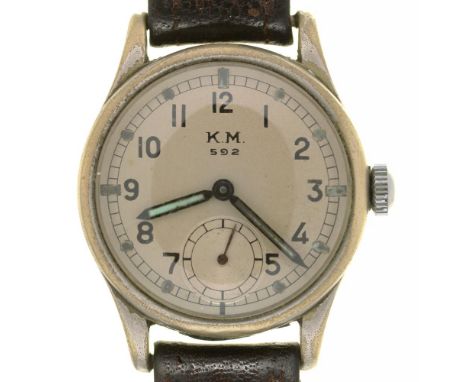 GERMAN MILITARY KM ALPINA 592 WRISTWATCH, NUMBERED 321219, CIRCULAR 2.6 CM DIAL, LEATHER STRAP++IN WORKING CONDITION, WITH LI