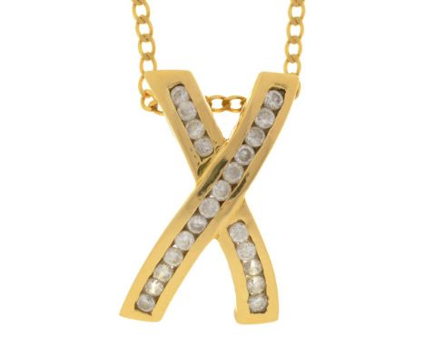 A GEM SET CROSS PENDANT, IN GOLD MARKED 750, ON 9CT GOLD CHAIN, 7G++IN GOOD CONDITION, WITH LIGHT WEAR CONSISTENT WITH AGE