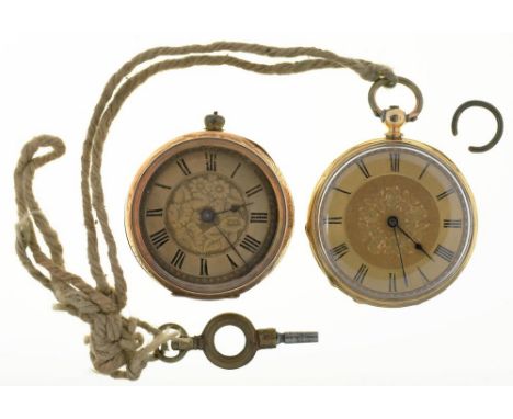 AN ENGINE TURNED GOLD LADY'S WATCH, MARKED 18K, NO 57170, AND A FOLIATE ENGRAVED GOLD LADY'S WATCH, MARKED 14K, NO 16991, 59G